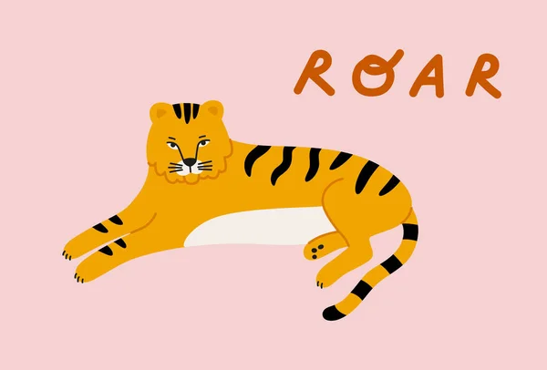 一个黄色的躺着的老虎的矢量图解 上面有字母 手绘明亮的卡通矢量虎 猫科的大型哺乳动物 亚洲动物 — 图库矢量图片