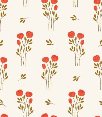 Çiçek açan kırmızı güllerin kusursuz deseni. Bahar botaniği kavramı, çiçekler, tebrik kartı, bahçe işleri, bahar. El çizimi renkli bej arkaplanda izole edilmiş vektör çizimi.