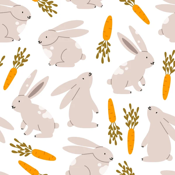 Seamless pattern of cute rabbits in various poses with carrots. Hand-drawn vector rabbits, isolated on white background. Spring season concept, Easter, nature.