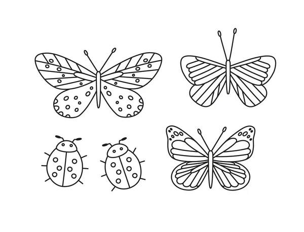 Niedliche Schmetterlinge Und Marienkäfer Handgezeichnete Vektorinsekten Isoliert Auf Weißem Hintergrund — Stockvektor