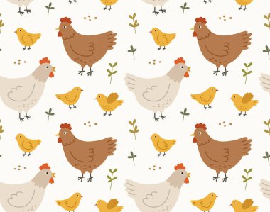 Tavukların ve tavukların farklı pozlarda ve taneciklerle kusursuz desenleri. Beyaz arka planda izole edilmiş el yapımı vektör kümes hayvanları. Bahar mevsimi konsepti, Paskalya, doğa.