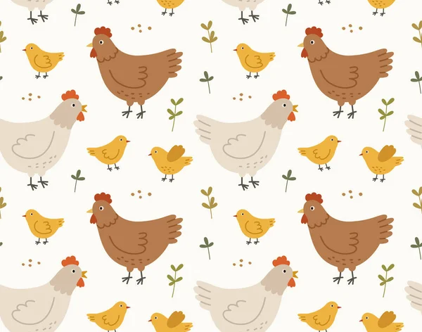 各种形状的可爱的母鸡和小鸡的无缝图案用谷粒摆成姿势 手工绘制的病媒家禽 在白色背景下分离 春季概念 复活节 — 图库矢量图片