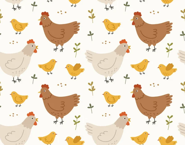 Patrón Sin Costuras Gallinas Pollos Lindos Varias Poses Con Granos — Vector de stock