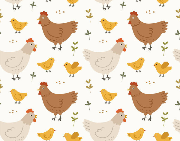 Seamless pattern of cute hens and chickens in various poses with grains. Hand-drawn vector poultry, isolated on white background. Spring season concept, Easter, nature.