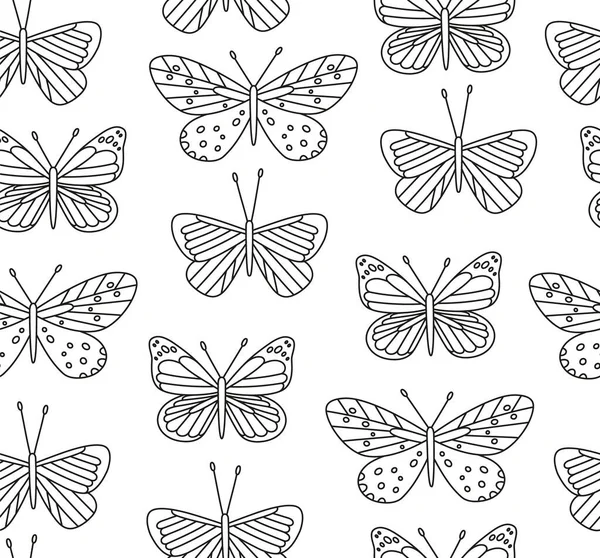 Nahtloses Muster Niedlicher Schmetterlinge Handgezeichnete Vektorinsekten Isoliert Auf Weißem Hintergrund — Stockvektor