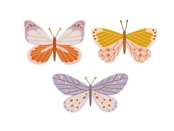 Niedliche Farbige Schmetterlinge Handgezeichnete Vektorinsekten Isoliert Auf Weißem Hintergrund Frühjahrskonzept — Stockvektor