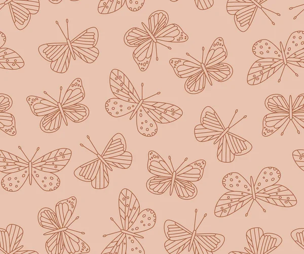 Nahtloses Muster Niedlicher Schmetterlinge Handgezeichnete Vektorinsekten Isoliert Auf Braunem Hintergrund — Stockvektor