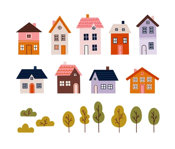 Diverses Petites Maisons Minuscules Des Arbres Petites Maisons Ville Dessinées — Image vectorielle