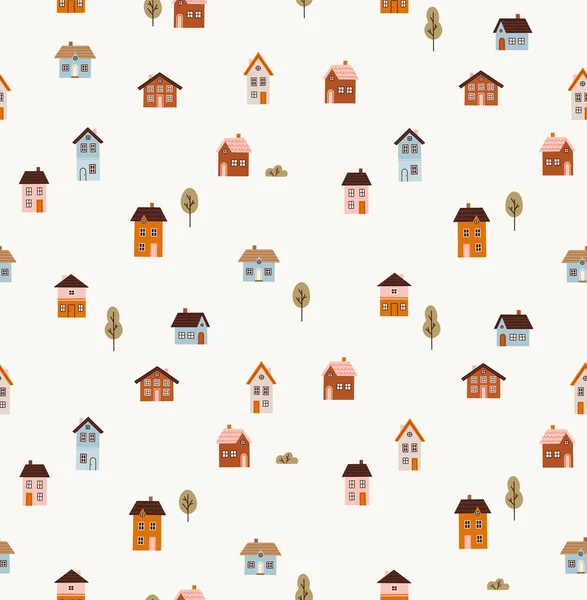 Nahtloses Muster Verschiedener Kleiner Häuser Und Bäume Handgezeichnete Kleinstadthäuser Thema — Stockvektor