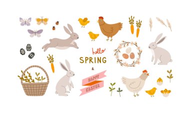 El yapımı yay seti. Kelebekler, uğur böceği, boyanmış yumurta, sepet, tavşan, havuç, harf, tavuk, tavuk, kiraz çiçeği. Bahar mevsimi konsepti, Paskalya, doğa.