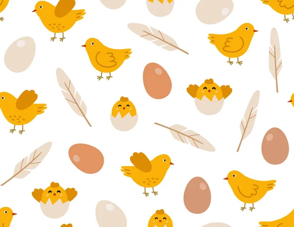Patrón Sin Costuras Pollo Huevos Plumas Aves Vectoriales Dibujadas Mano — Archivo Imágenes Vectoriales