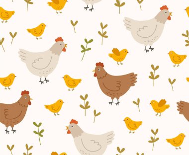 Tavuk, tavuk ve bitkilerle kusursuz desen. El çizimi taşıyıcı kuşlar, bej arka planda izole edilmiş. Bahar mevsimi konsepti, Paskalya, doğa.