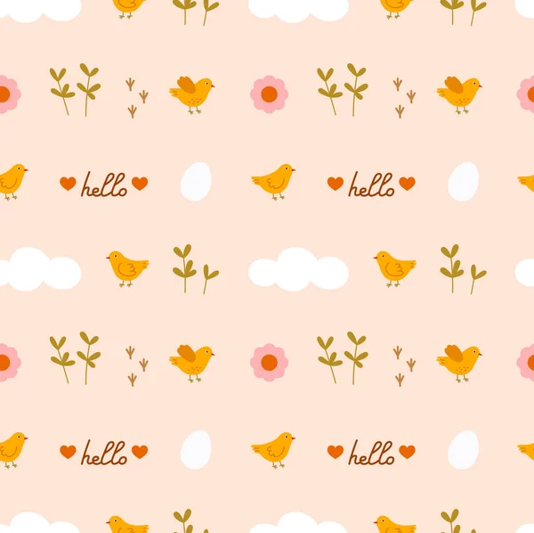 Seamless Pattern Cloud Chicken Plants Flower Egg Bird Footprints Lettering — Archivo Imágenes Vectoriales