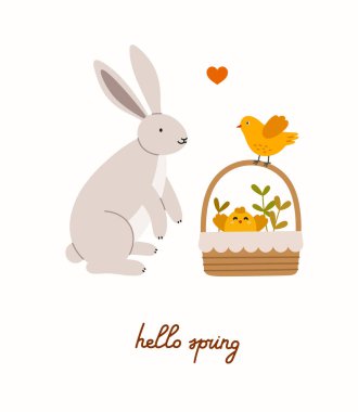 Tavşanlı el çizilmiş bahar kartı, tavuklu bir sepet, üstünde tavuk ve harfler. El çizimi vektör kartı, beyaz arka planda izole edilmiş. Bahar mevsimi konsepti, Paskalya, doğa.