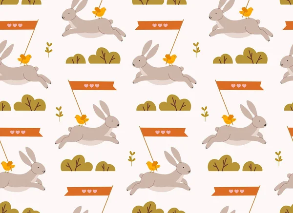 Seamless Pattern Jumping Rabbit Bushes Chicken Top Hand Drawn Rabbit — Archivo Imágenes Vectoriales