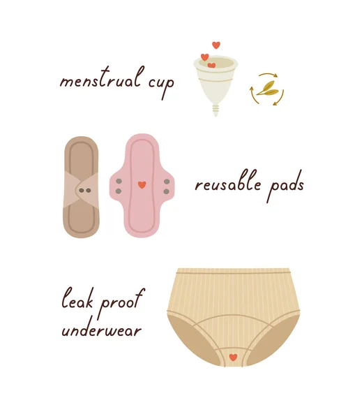 Zéro Déchet Période Produits Écologiques Avec Lettrage Main Coussinets Menstruels — Image vectorielle
