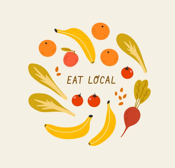 Φάε Την Τοπική Ιδέα Λαχανικά Φρούτα Και Ξηροί Καρποί Χειρόγραφη — Διανυσματικό Αρχείο