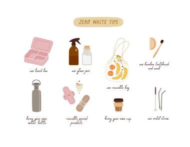 Sıfır atık ipucu seti. Harflerle geri dönüşümlü ve yeniden kullanılabilir ürünler. El çizimi ekolojik yaşam tarzı düz vektör çizimi beyaza izole edildi.