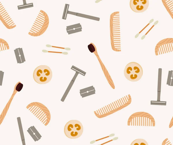 Nahtloses Muster Wiederverwendbarer Hygieneartikel Handgezeichnete Null Müll Badwerkzeuge Rasiermesser Klinge — Stockvektor