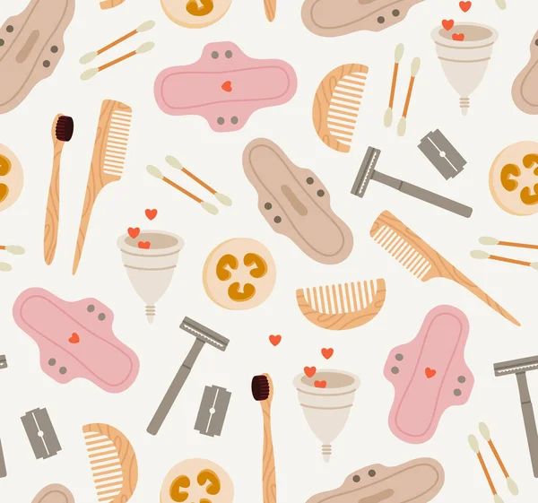 Seamless Pattern Reusable Hygiene Products Hand Drawn Zero Waste Bathroom — 图库矢量图片