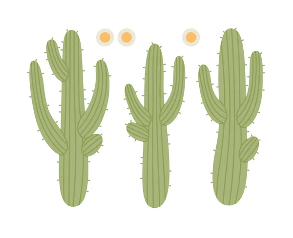 Hand Drawn Set Saguaro Cactus Flowers Desert Plants Flat Vector — Archivo Imágenes Vectoriales