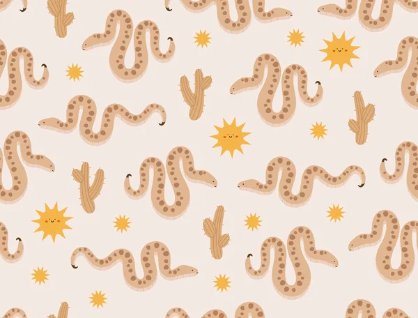 Seamless Pattern Horned Viper Snake Saguaro Cactus Sun Desert Animals — 图库矢量图片
