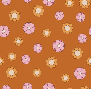 Seamless pattern of prickly pear cactuses flowers. Retro desert plants. Flat vector illustration with black outline isolated on brown background.