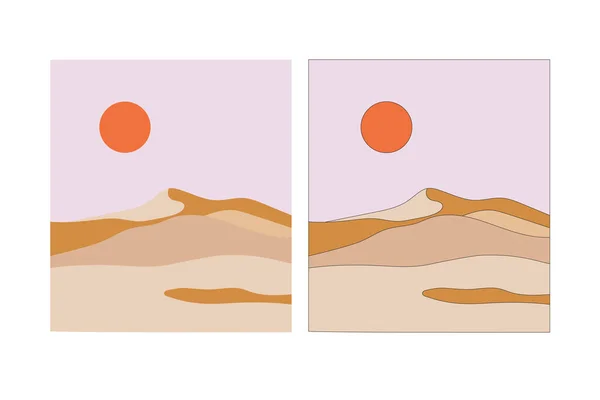 Desert landscape in flat design and line colored design. Desert dunes, Sahara. Hand-drawn dunes with sun and sand.