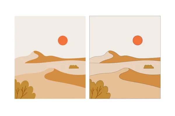 Desert landscape in flat design and line colored design. Desert dunes, Sahara. Hand-drawn dunes with sun, bushes, and sand.