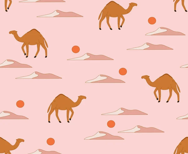 Seamless Pattern Wild Camel Dunes Sun Isolated Pink Background Desert — 图库矢量图片