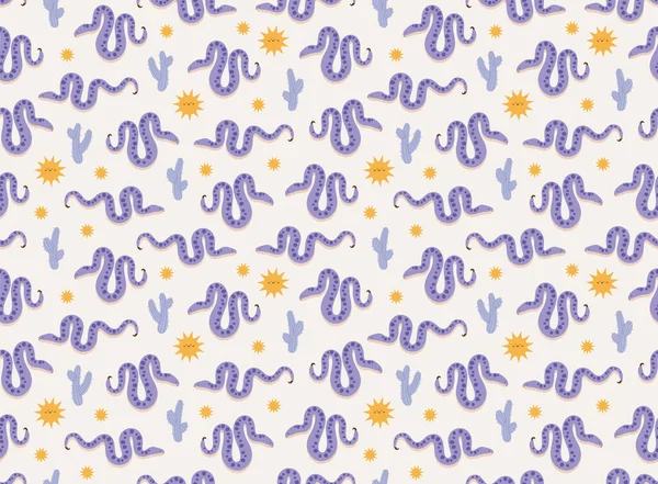 Seamless Pattern Viper Snake Saguaro Cactus Sun Desert Animals Plants — 图库矢量图片