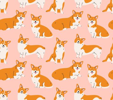 Farklı pozlarda Galli Corgi sosislerinin kusursuz desenleri. Ayakta, oturarak, uzanarak. Çağdaş düz tarzda el çizimi köpek ve çizgi sanatı. Çizgi film hayvanı, tatlım.. 