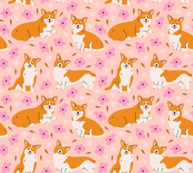 Çiçeklerle farklı pozlarda Galli Corgi sosislerinin kusursuz desenleri. Ayakta, oturarak, uzanarak. Çağdaş düz tarzda el çizimi köpek ve çizgi sanatı. Çizgi film hayvanı, tatlım.. 