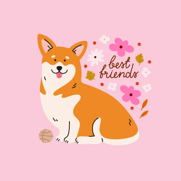 Cute Welsh Corgi Dog Flower Buds Leaves Lettering Hand Drawn — Stock Vector