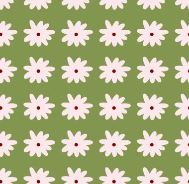 Papatya tomurcuğunun kusursuz deseni yeşilde izole edilmiş. Çiçek budu. 70 'lerin antika geometrik model arka planı.