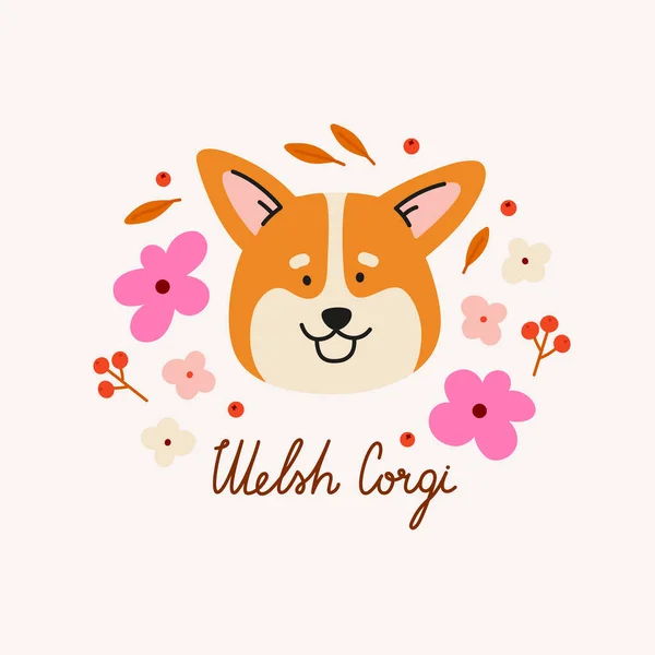 Χαριτωμένο Κεφάλι Σκύλου Welsh Corgi Μπουμπούκια Λουλουδιών Φύλλα Και Γράμματα — Διανυσματικό Αρχείο