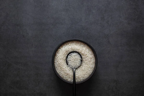 Rice Bowl Spoon Dark Grey Background — Stock Photo, Image