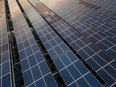 Alacakaranlıktaki güneş panellerine bakıyorum.