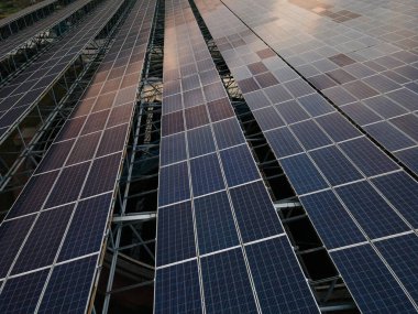 Alacakaranlıktaki güneş panellerine bakıyorum.