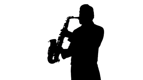 Músico Enérgico Toca Silueta Saxofón — Vídeos de Stock