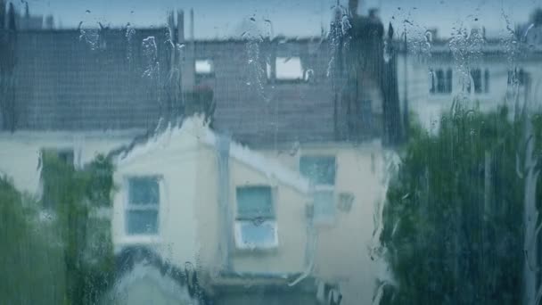 Vista Ventana Casas Lluvia Fuerte — Vídeos de Stock