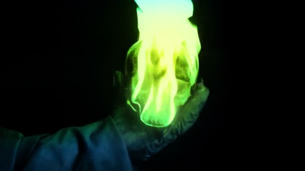 Sorcerer Throws Green Flaming Skull Camera — Stock Video