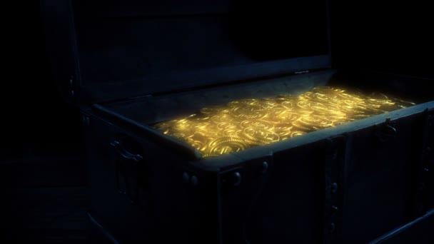 Chest Glowing Gold Coins Dark — Stock Video