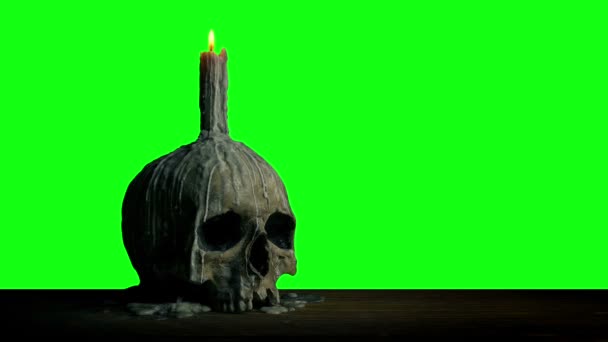 Old Skull Candle Burning Greenscreen — Stock video