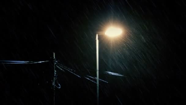 Lampione Linee Telefoniche Ondeggianti Nella Notte Pioggia — Video Stock