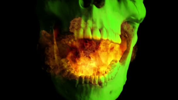 Fire Mouth Green Skull Eats Camera — Stock Video