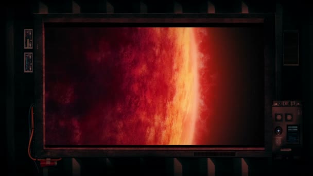 Huge Red Gas Planet Screen Window View Spaceship — стоковое видео