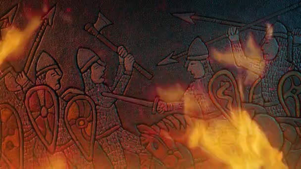 Batu Tempur Tentara Abad Pertengahan Ukiran Batu Dalam Api — Stok Video