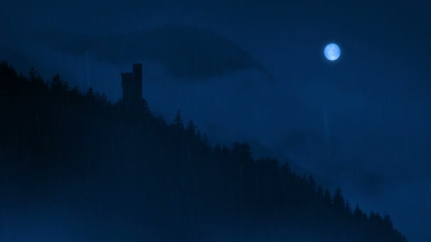 Mountainside Castle Rainy Night — Stock Video