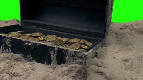 Ναυαγισμένο Στήθος Των Χρυσών Νομισμάτων Greenscreen Απομονωμένο — Αρχείο Βίντεο